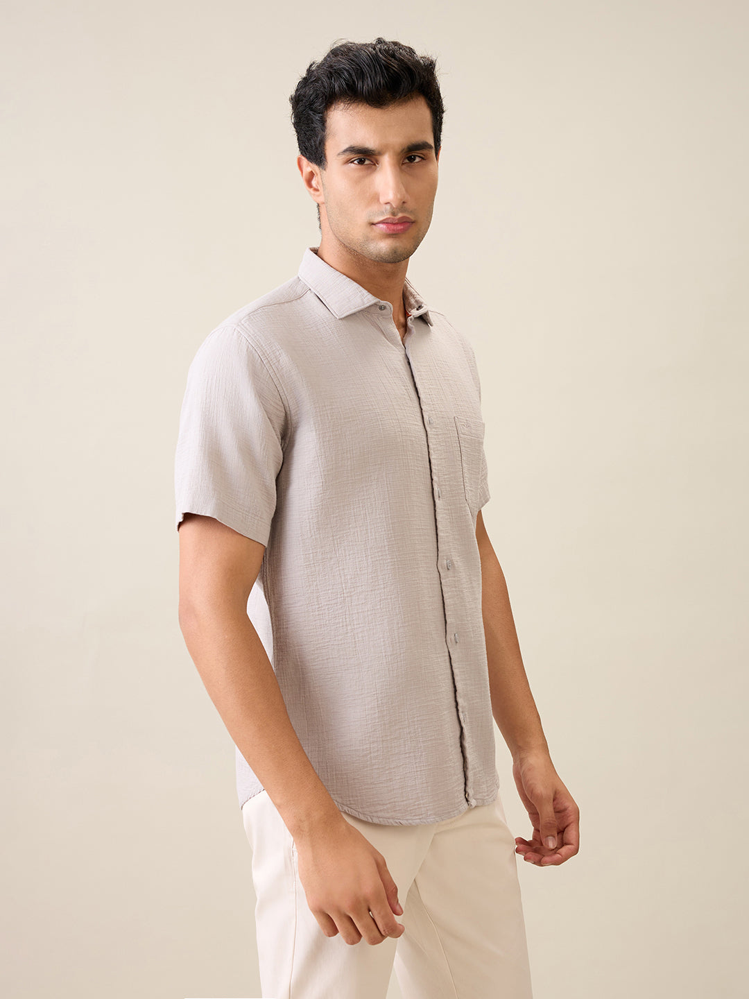 Park Avenue Men Grey Solid Slim Fit Cotton Casual Shirt