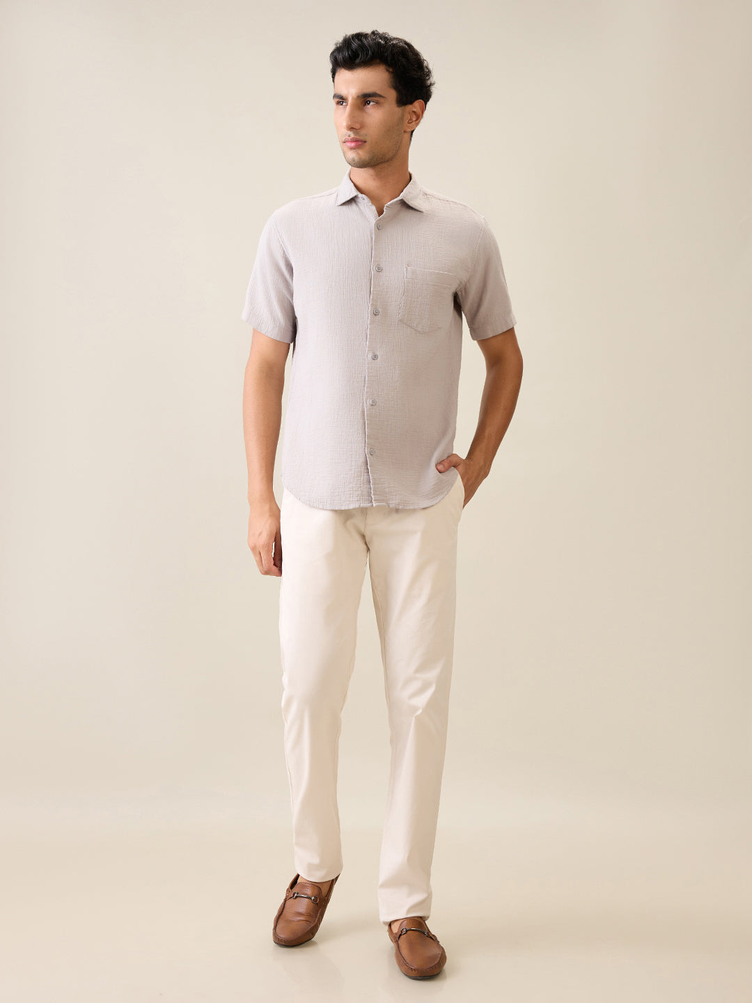 Park Avenue Men Grey Solid Slim Fit Cotton Casual Shirt