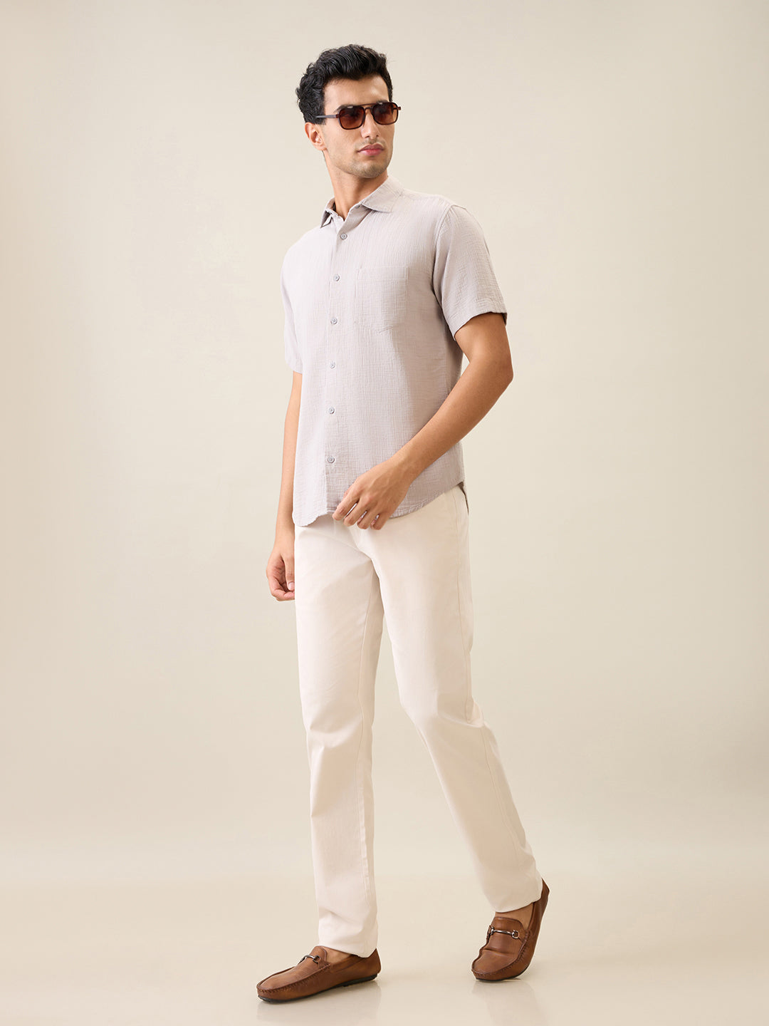 Park Avenue Men Grey Solid Slim Fit Cotton Casual Shirt