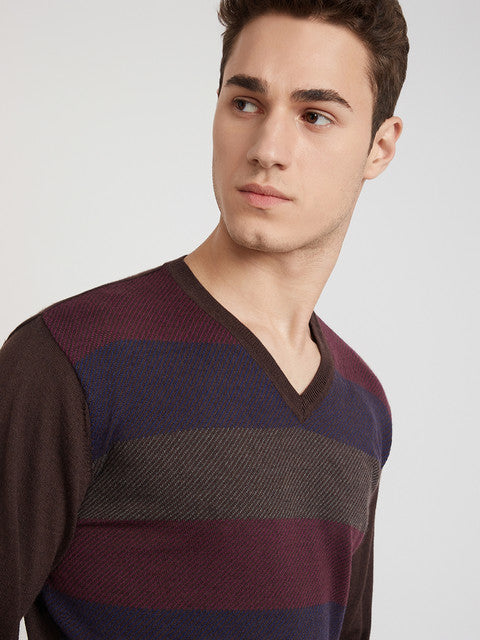 Park Avenue Men Brown Stripe Regular Acrylic Blend Full Sleeve Sweater