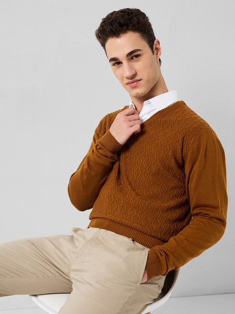 Park Avenue Men Brown Structure Regular Acrylic Sweater