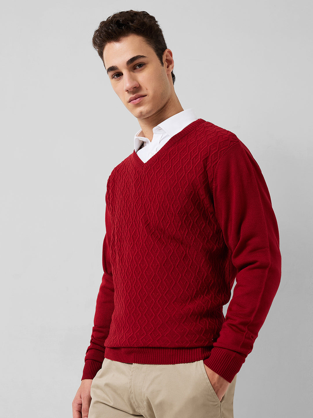 Park Avenue Men Red Structure Regular Fit Acrylic Sweater