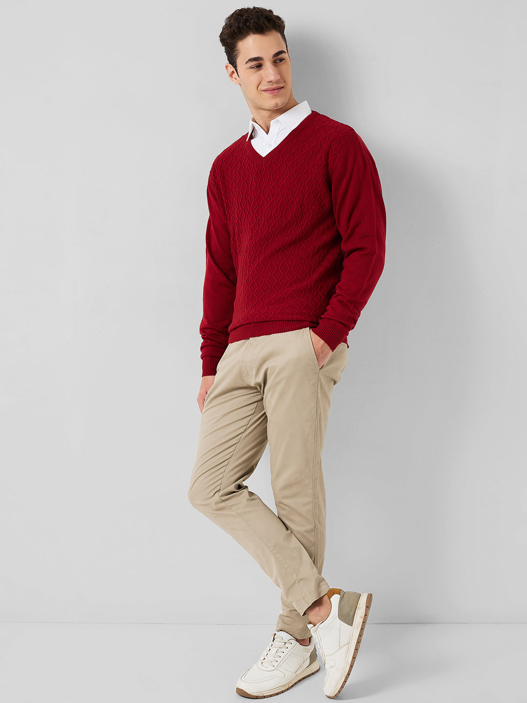 Park Avenue Men Red Structure Regular Fit Acrylic Sweater