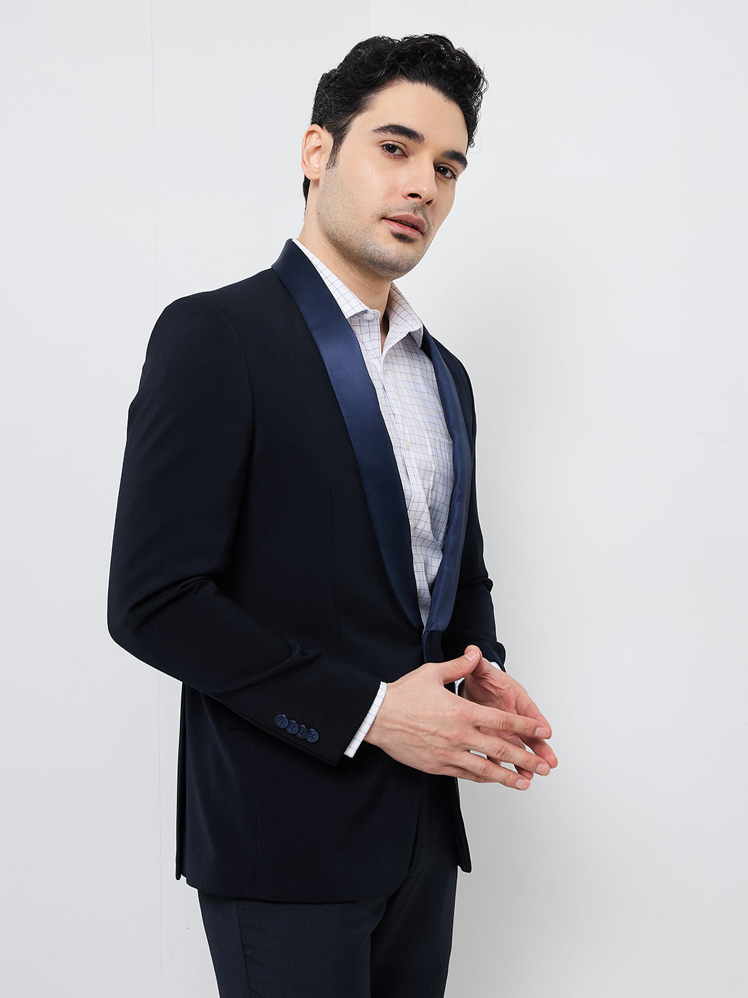 Park Avenue Men Blue Solid Super Slim Fit Polyester Blazer