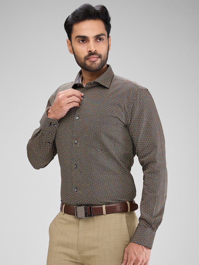 Park Avenue Khaki Printed Slim Fit Cotton Formal Shirt