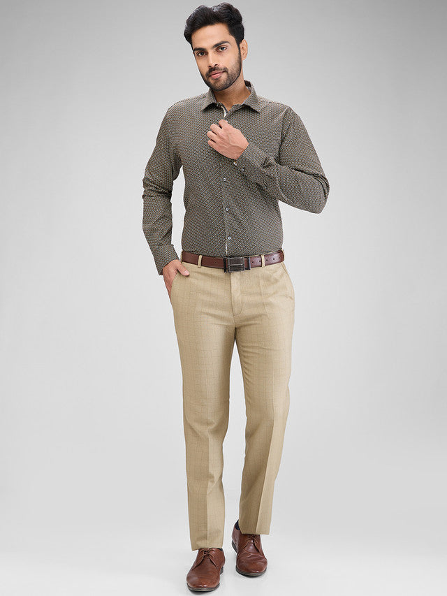 Park Avenue Khaki Printed Slim Fit Cotton Formal Shirt