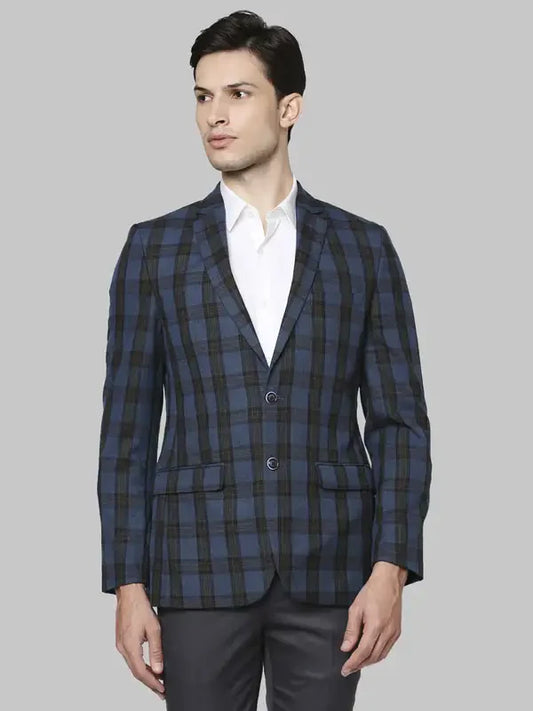 Men Blue Regular Fit Checks Polyester Blend Jackets