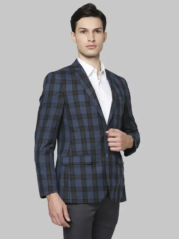 Men Blue Regular Fit Checks Polyester Blend Jackets