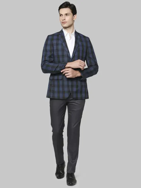 Men Blue Regular Fit Checks Polyester Blend Jackets