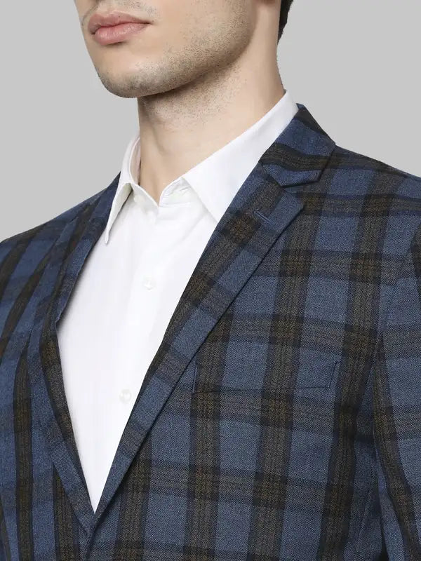 Men Blue Regular Fit Checks Polyester Blend Jackets