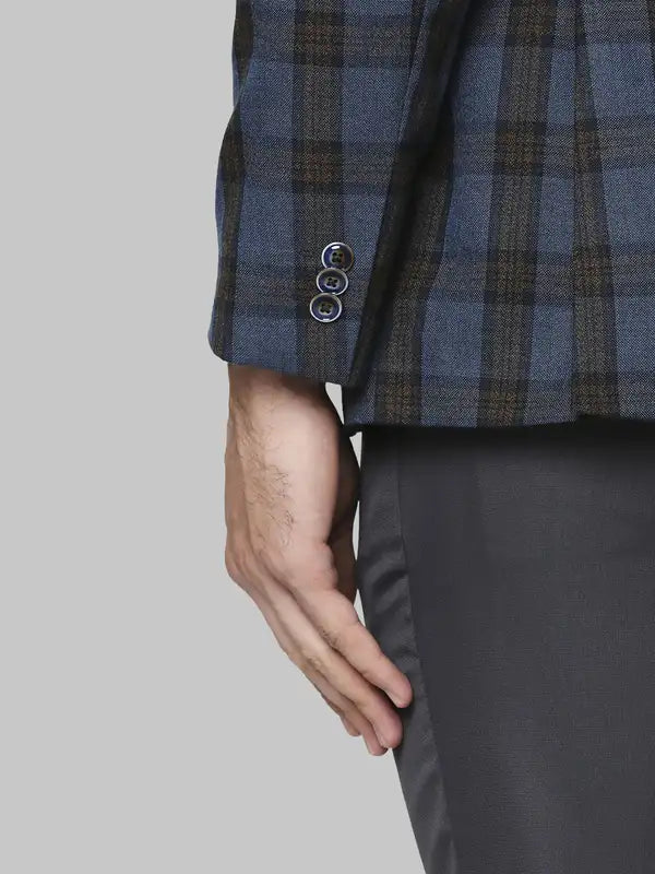 Men Blue Regular Fit Checks Polyester Blend Jackets