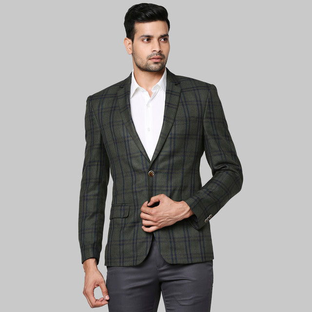 Park Avenue Men Green Checks Regular Fit Polyester Blend Blazer