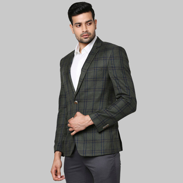 Park Avenue Men Green Checks Regular Fit Polyester Blend Blazer