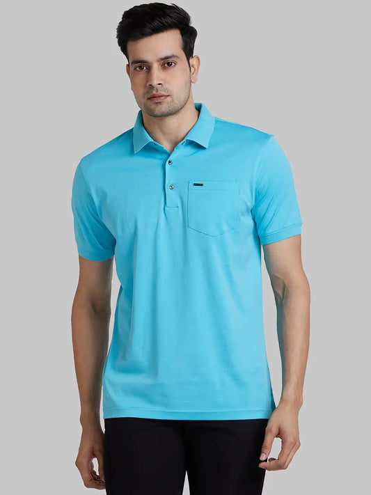 Park Avenue Men Blue Solid Slim Fit Cotton Round Neck T-Shirt