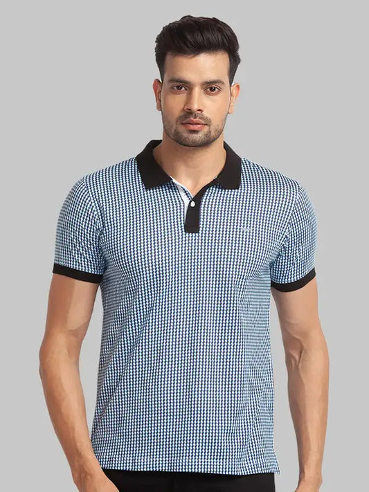 Men Blue Slim Fit Print Cotton Round Neck Collar Polo T-Shirt