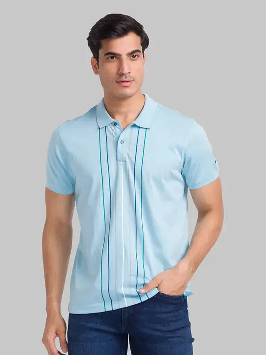Men Blue Slim Fit Stripe Cotton Round Neck Collar Polo T-Shirt