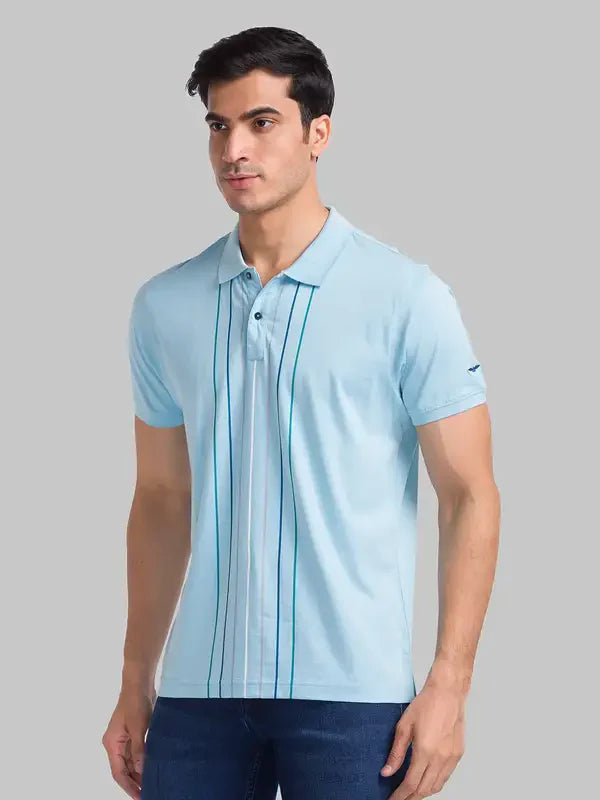 Men Blue Slim Fit Stripe Cotton Round Neck Collar Polo T-Shirt