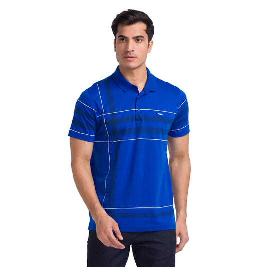 Men Blue Slim Fit Print Cotton Round Neck Collar Polo T-Shirt