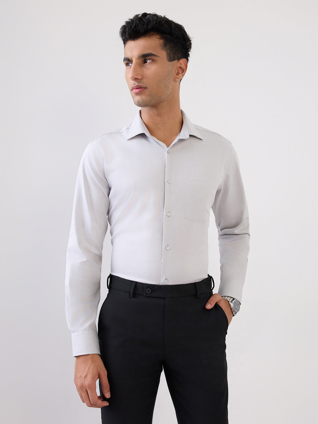 Park Avenue Men Grey Structure Regular Fit Cotton Full Sleeve Formal Shirt