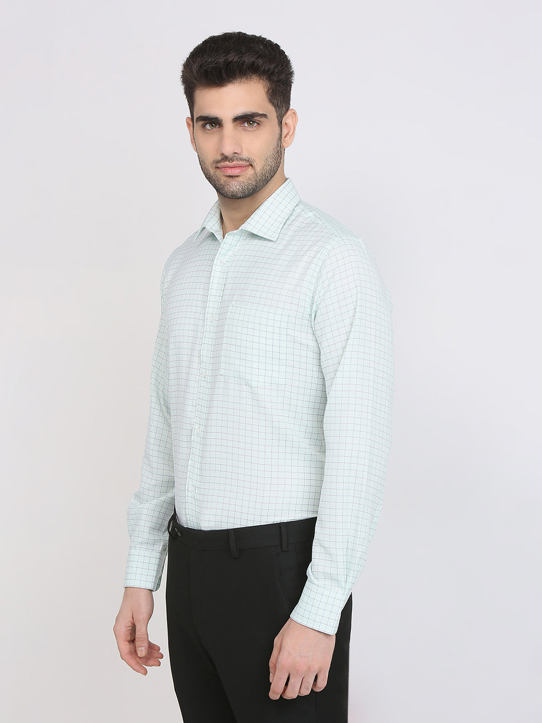 Park Avenue Men Green Checks Regular Fit Cotton Blend Formal Shirt