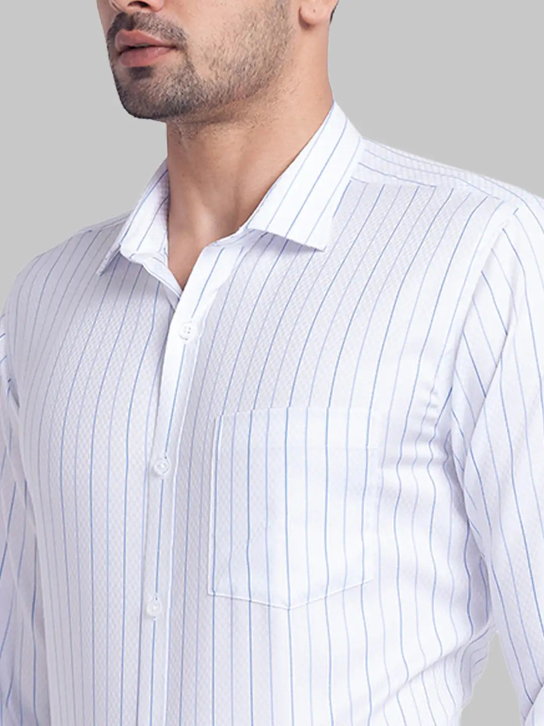 Men Blue Slim Fit Stripe Cotton Cut Away Collar Shirts