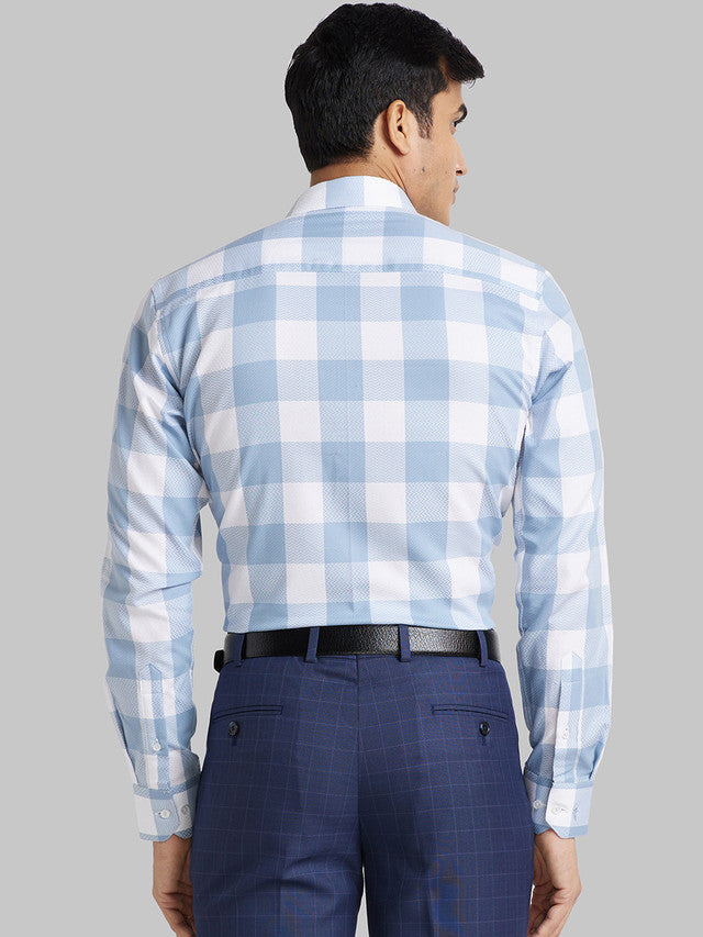 Park Avenue Men Blue Checkered Slim Fit Full Sleeve Ainsley Collar Shirt