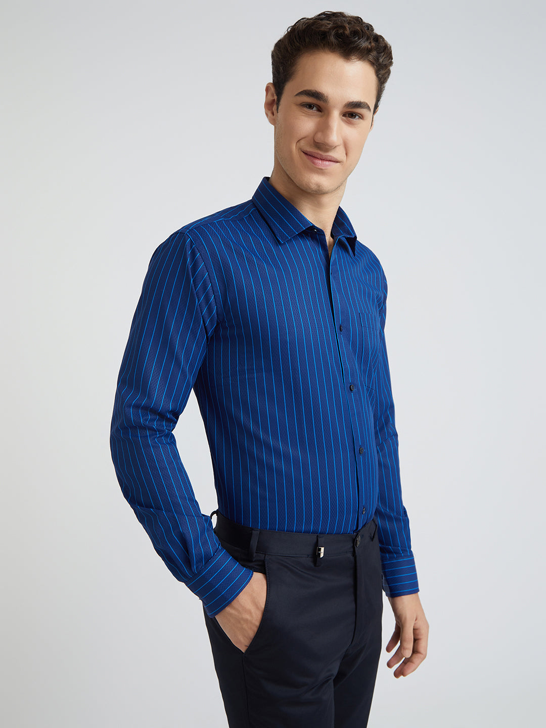 Park Avenue Blue Stripe Slim Fit Cotton Blend Formal Shirt