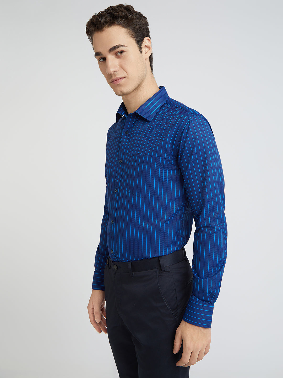Park Avenue Blue Stripe Slim Fit Cotton Blend Formal Shirt