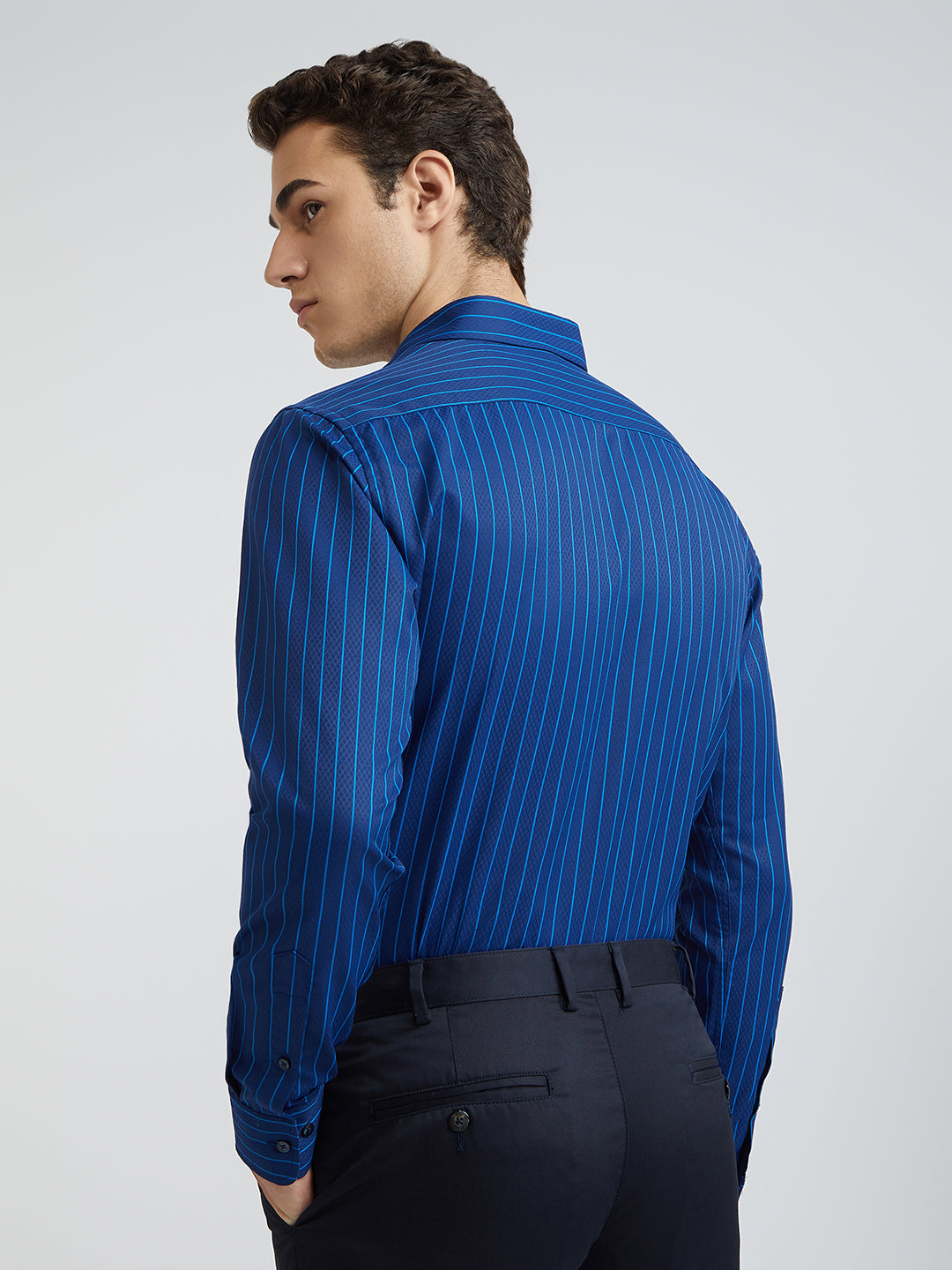 Park Avenue Blue Stripe Slim Fit Cotton Blend Formal Shirt