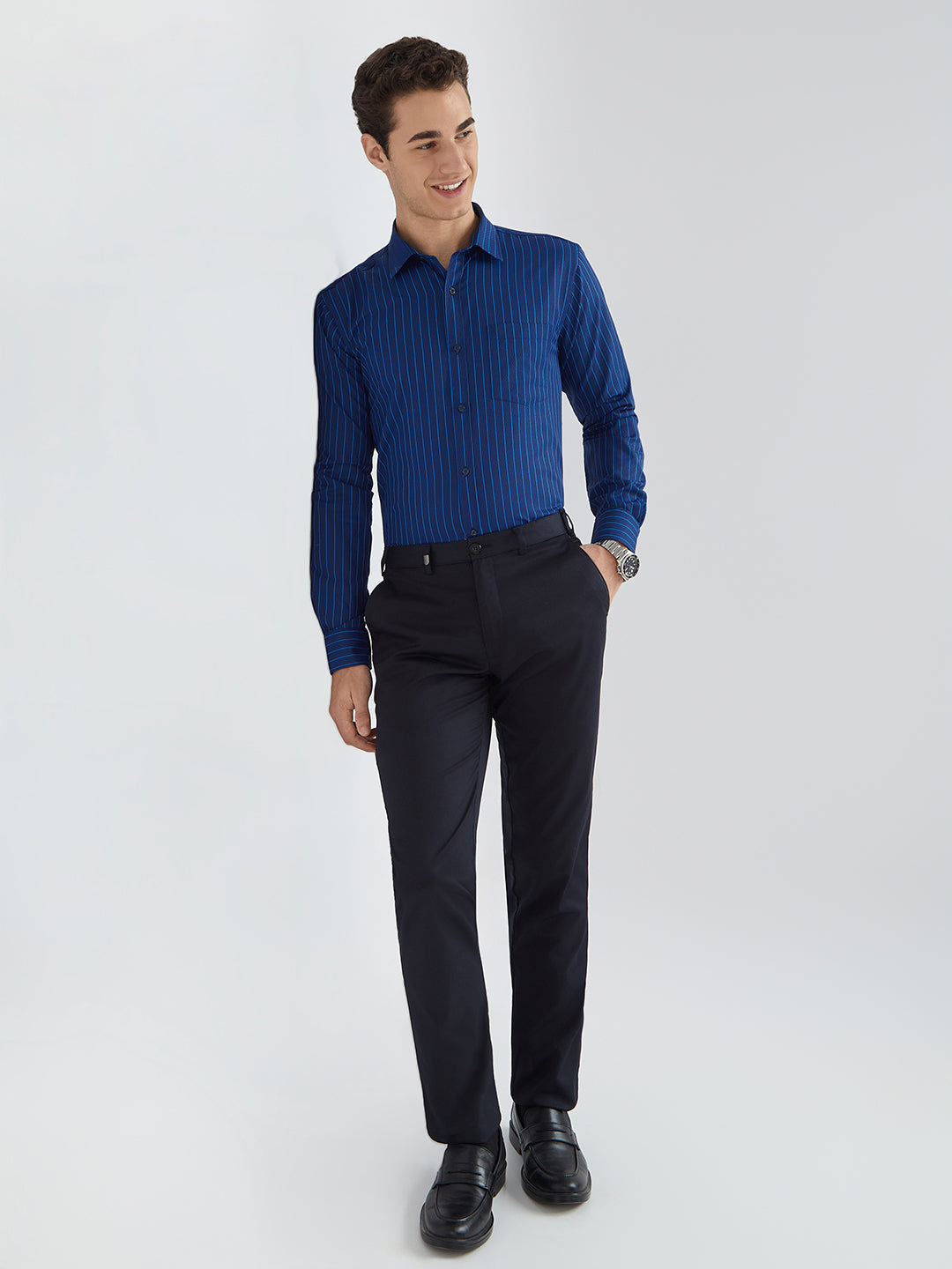 Park Avenue Blue Stripe Slim Fit Cotton Blend Formal Shirt