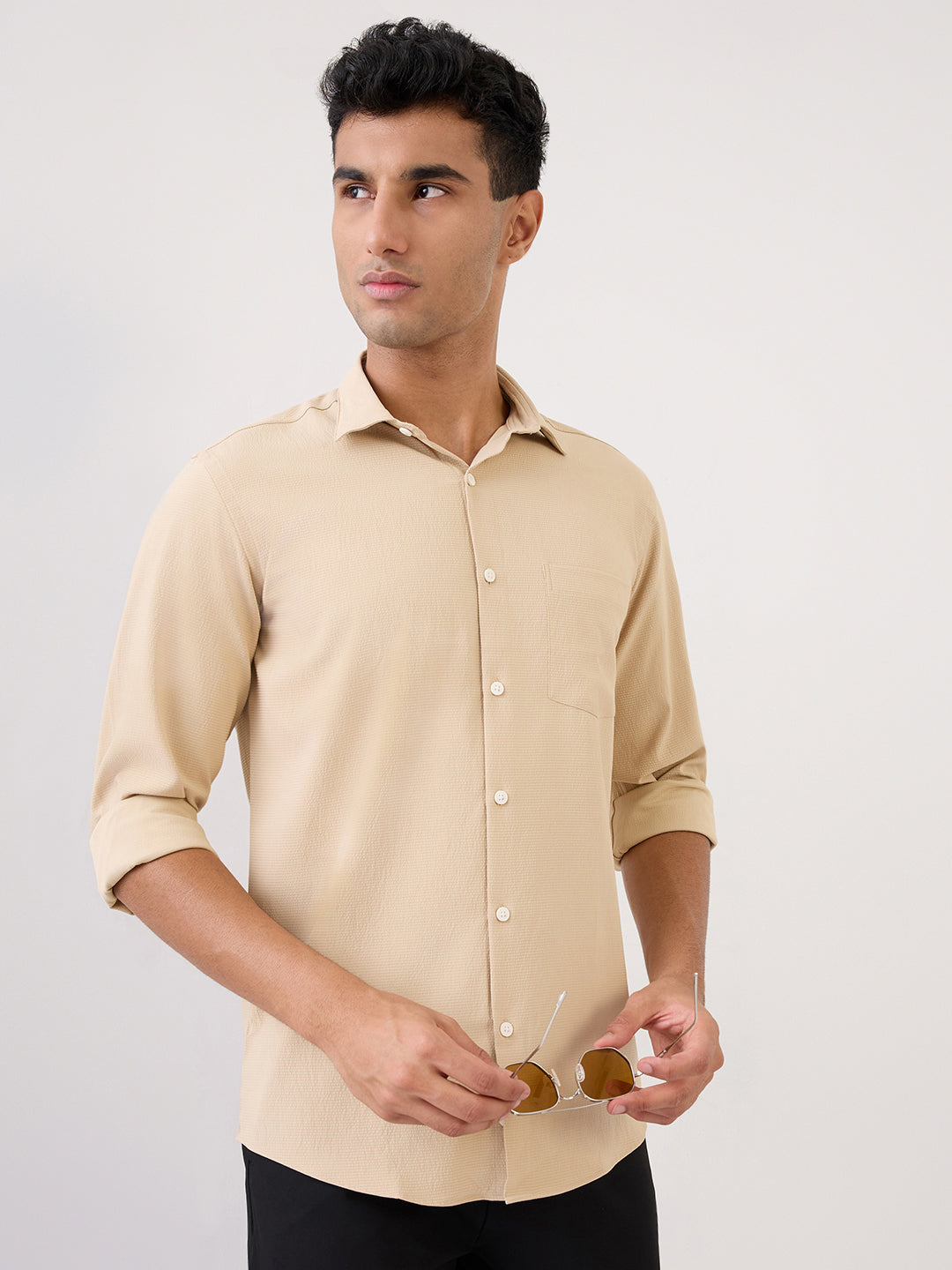 Park Avenue Men Brown Stripe Slim Fit Polyester Full Sleeve Formal Shirt