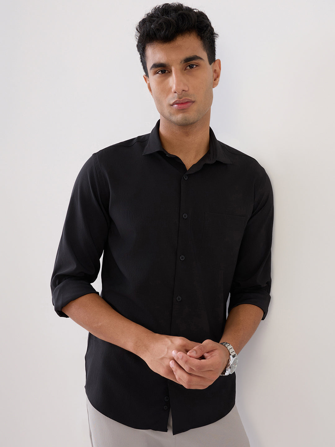 Park Avenue Men Black Stripe Slim Fit Polyester Full Sleeve Formal Shirt