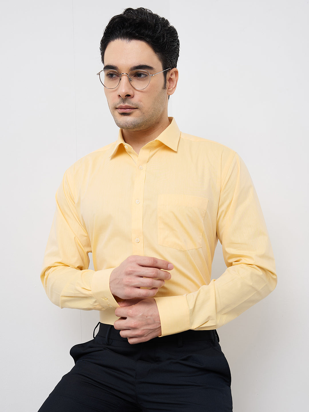 Park Avenue Men Yellow Solid Slim Fit Cotton Blend Formal Shirt