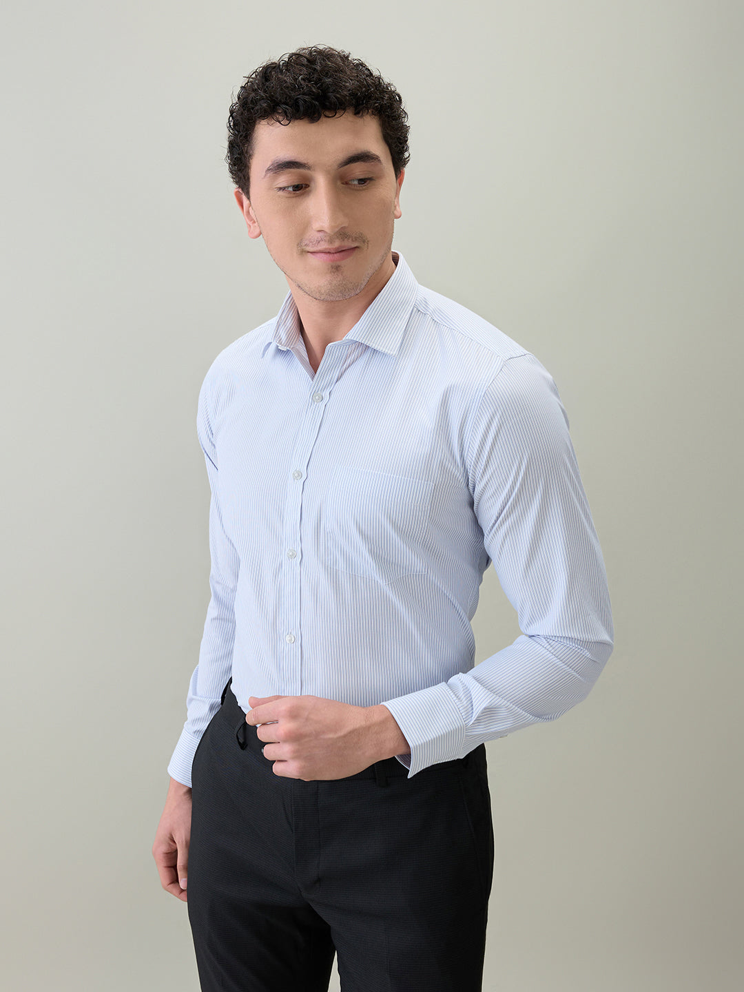 Park Avenue Men Blue Stripe Slim Fit Cotton Blend Formal Shirt