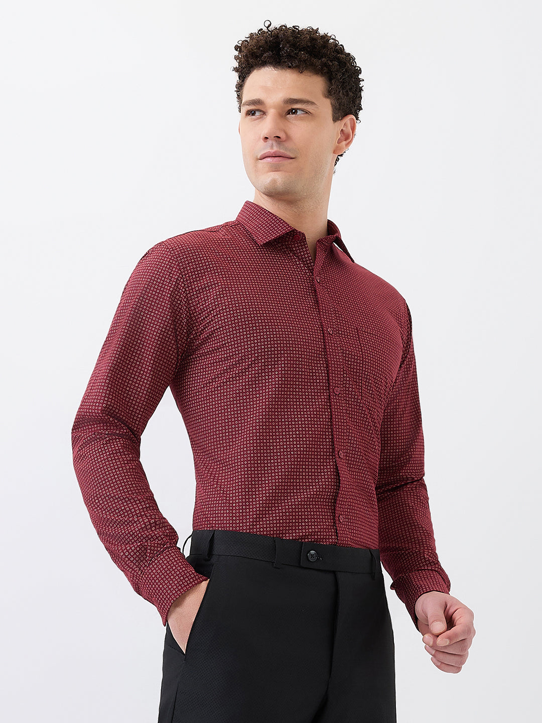 Park Avenue Men Maroon Printed Slim Fit Polyester Blend Formal Shirt