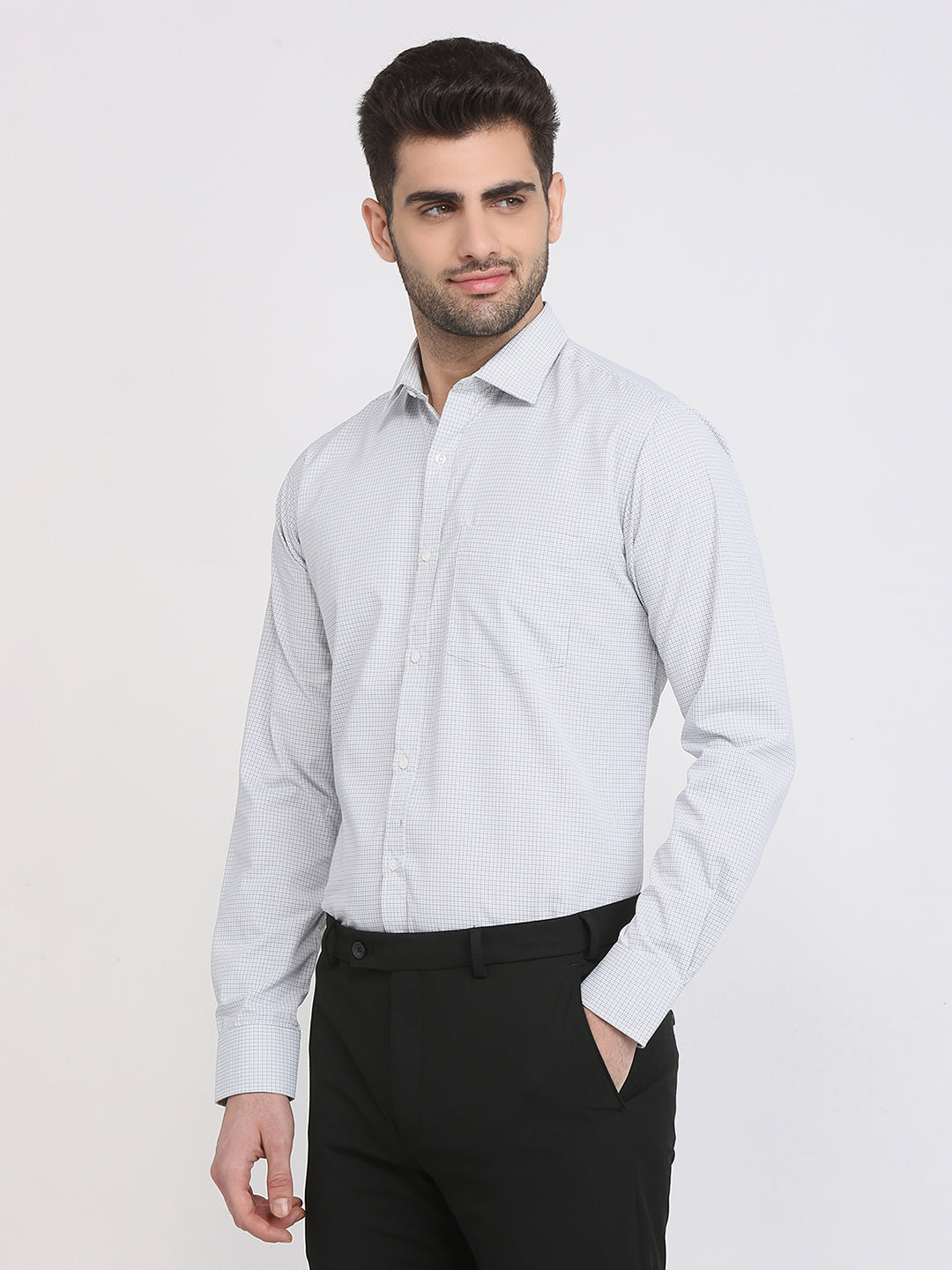 Park Avenue Men Grey Checks Slim Fit Cotton Blend Formal Shirt