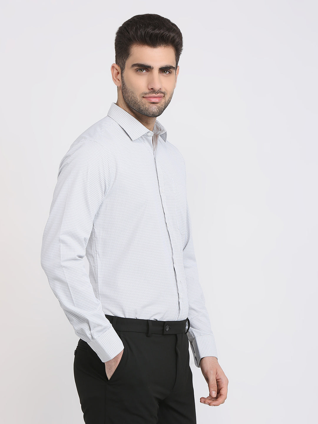 Park Avenue Men Grey Checks Slim Fit Cotton Blend Formal Shirt