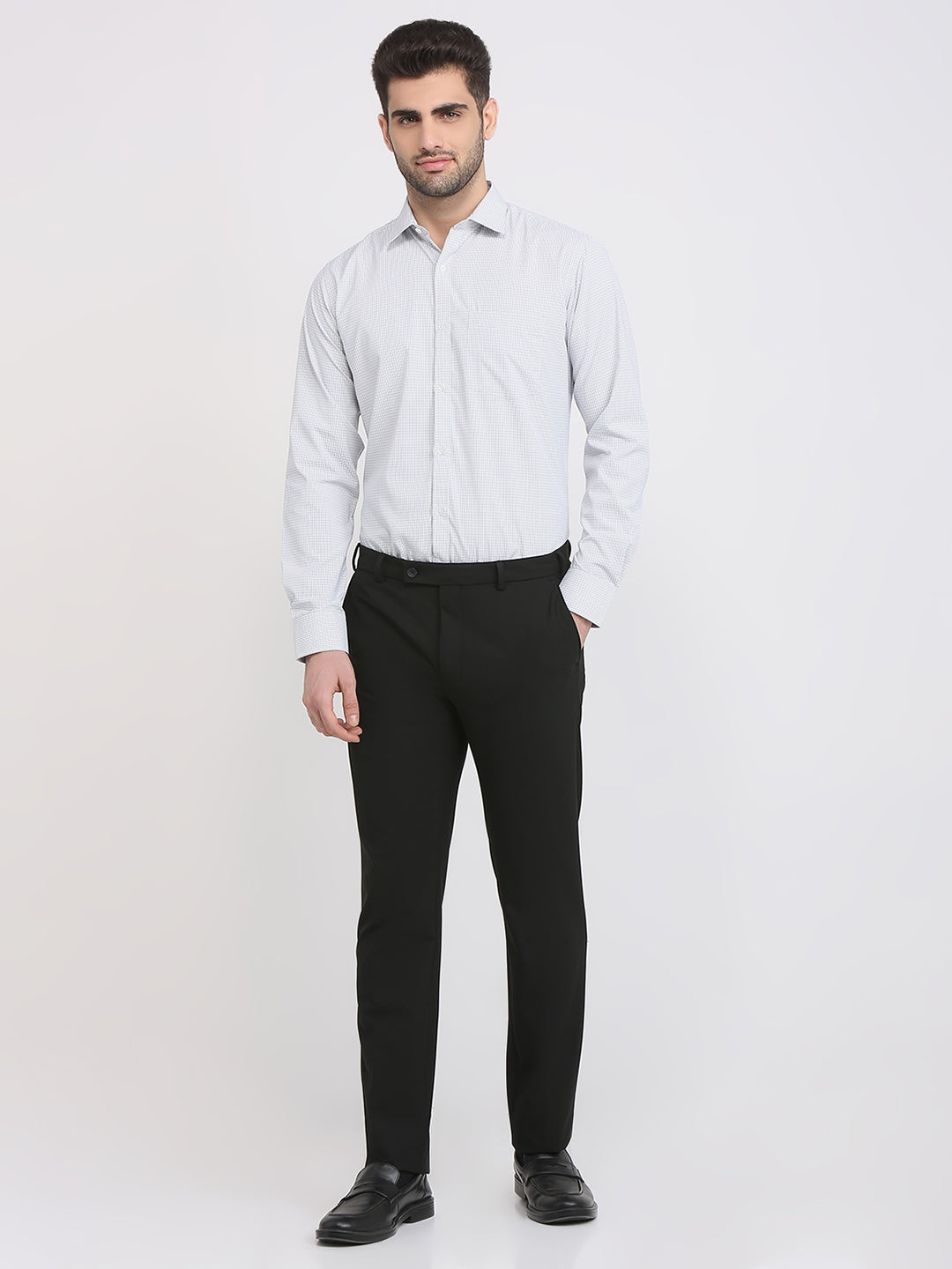 Park Avenue Men Grey Checks Slim Fit Cotton Blend Formal Shirt