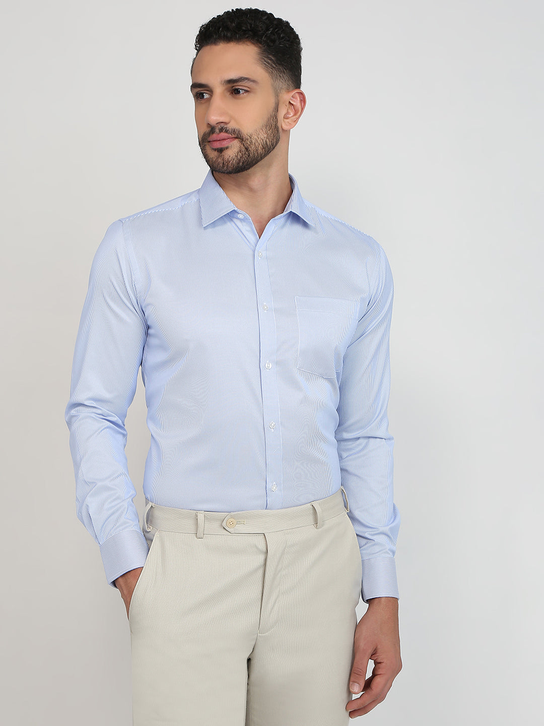 Park Avenue Men Blue Stripe Slim Fit Cotton Blend Formal Shirt