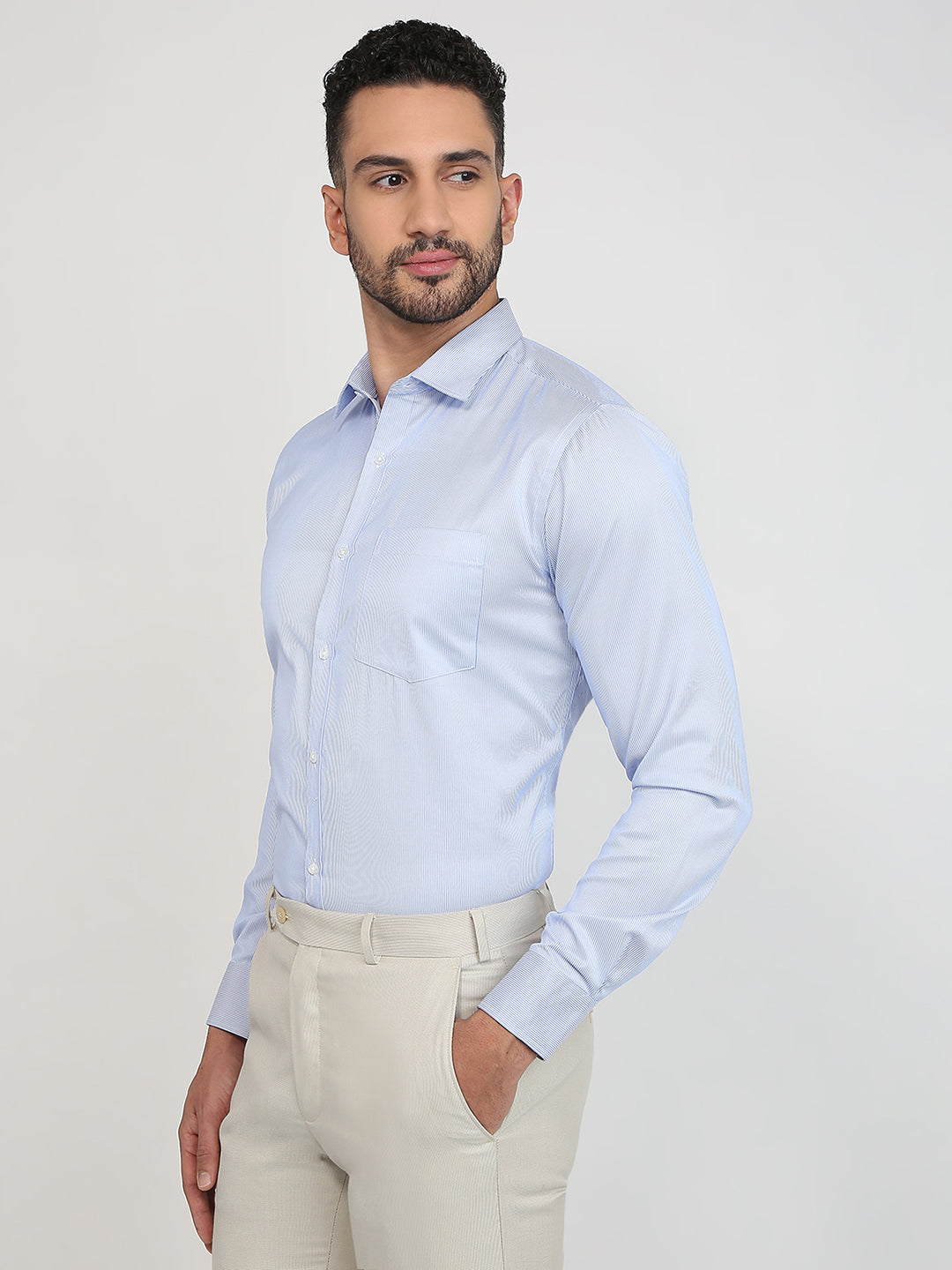 Park Avenue Men Blue Stripe Slim Fit Cotton Blend Formal Shirt