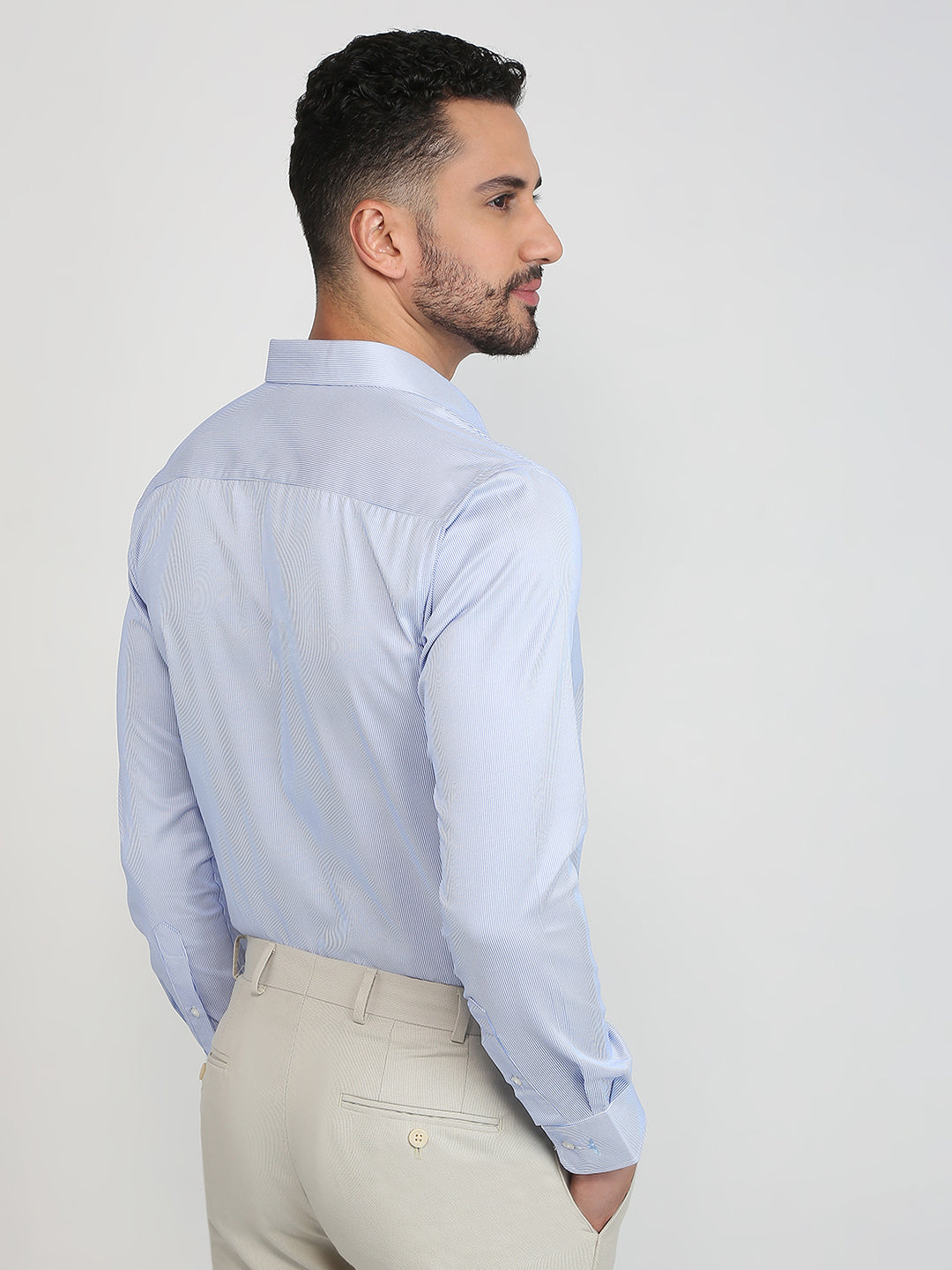 Park Avenue Men Blue Stripe Slim Fit Cotton Blend Formal Shirt