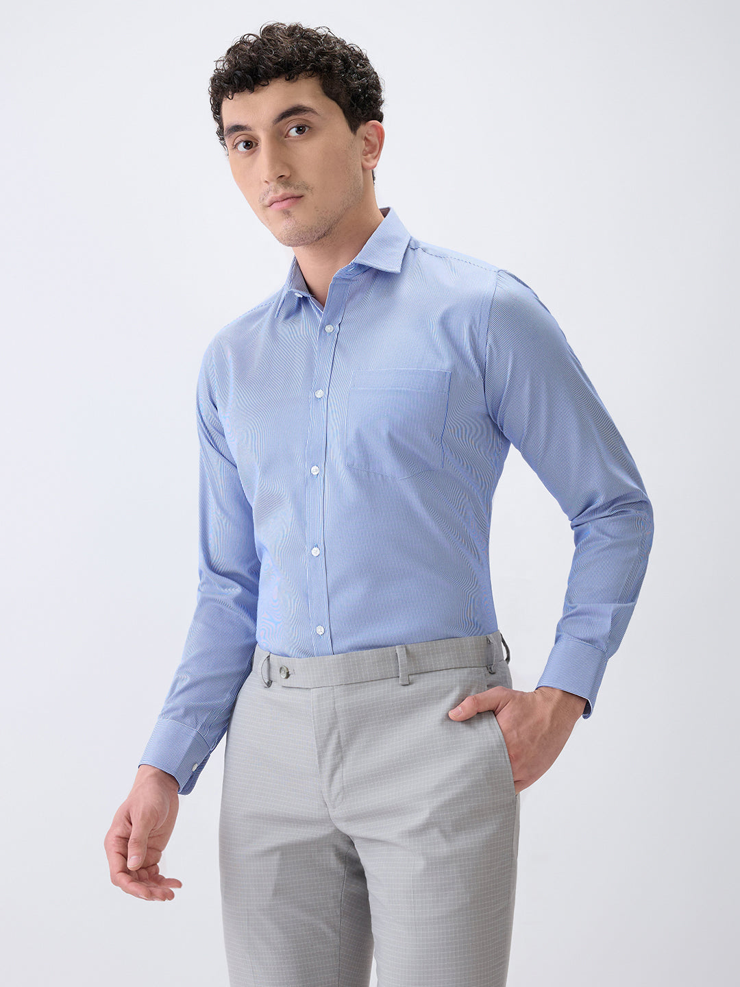 Park Avenue Men Blue Stripe Slim Fit Cotton Blend Formal Shirt