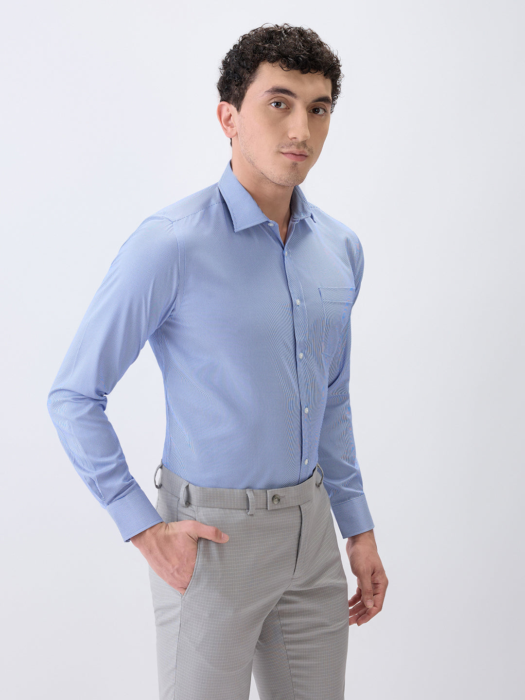 Park Avenue Men Blue Stripe Slim Fit Cotton Blend Formal Shirt