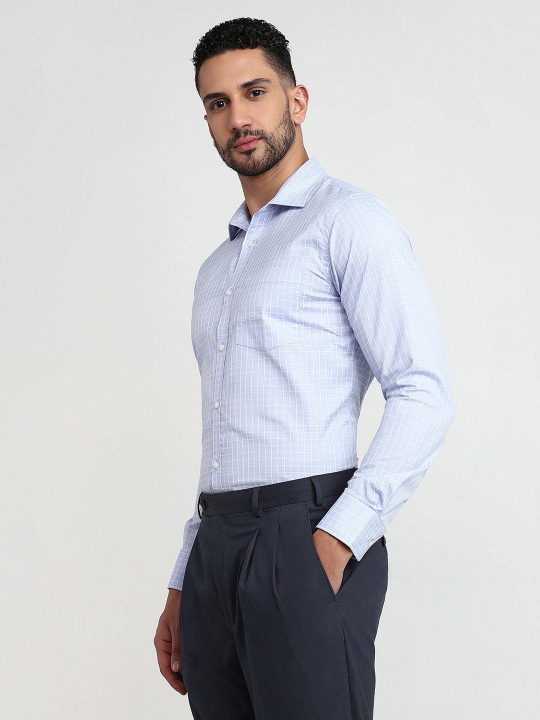 Park Avenue Men Blue Checks Slim Fit Cotton Blend Formal Shirt