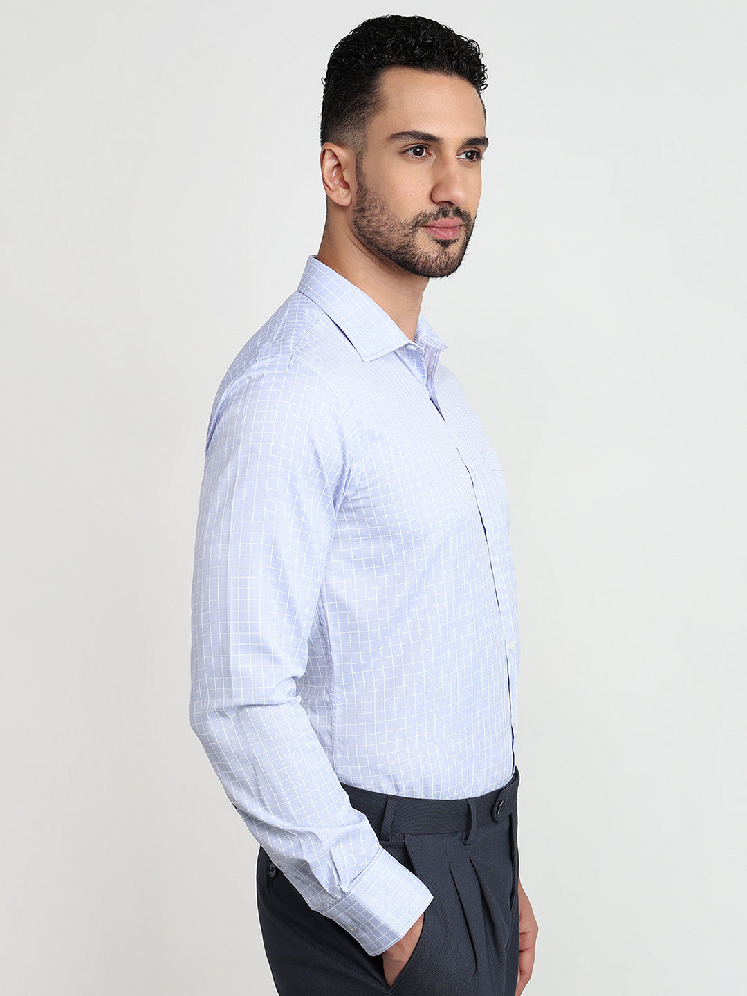 Park Avenue Men Blue Checks Slim Fit Cotton Blend Formal Shirt