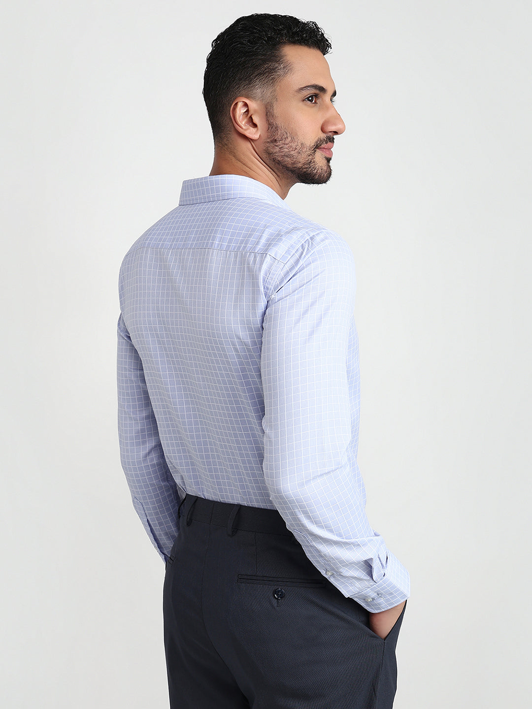 Park Avenue Men Blue Checks Slim Fit Cotton Blend Formal Shirt