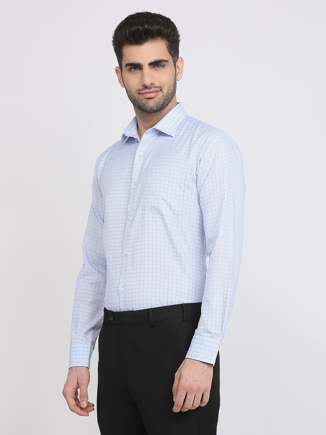 Park Avenue Men Blue Checks Slim Fit Cotton Blend Formal Shirt