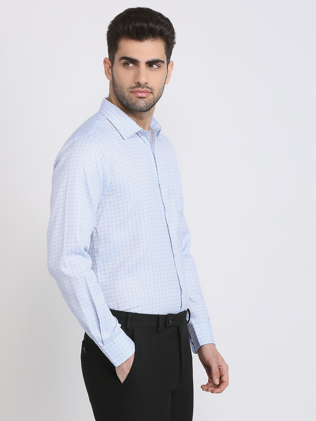 Park Avenue Men Blue Checks Slim Fit Cotton Blend Formal Shirt