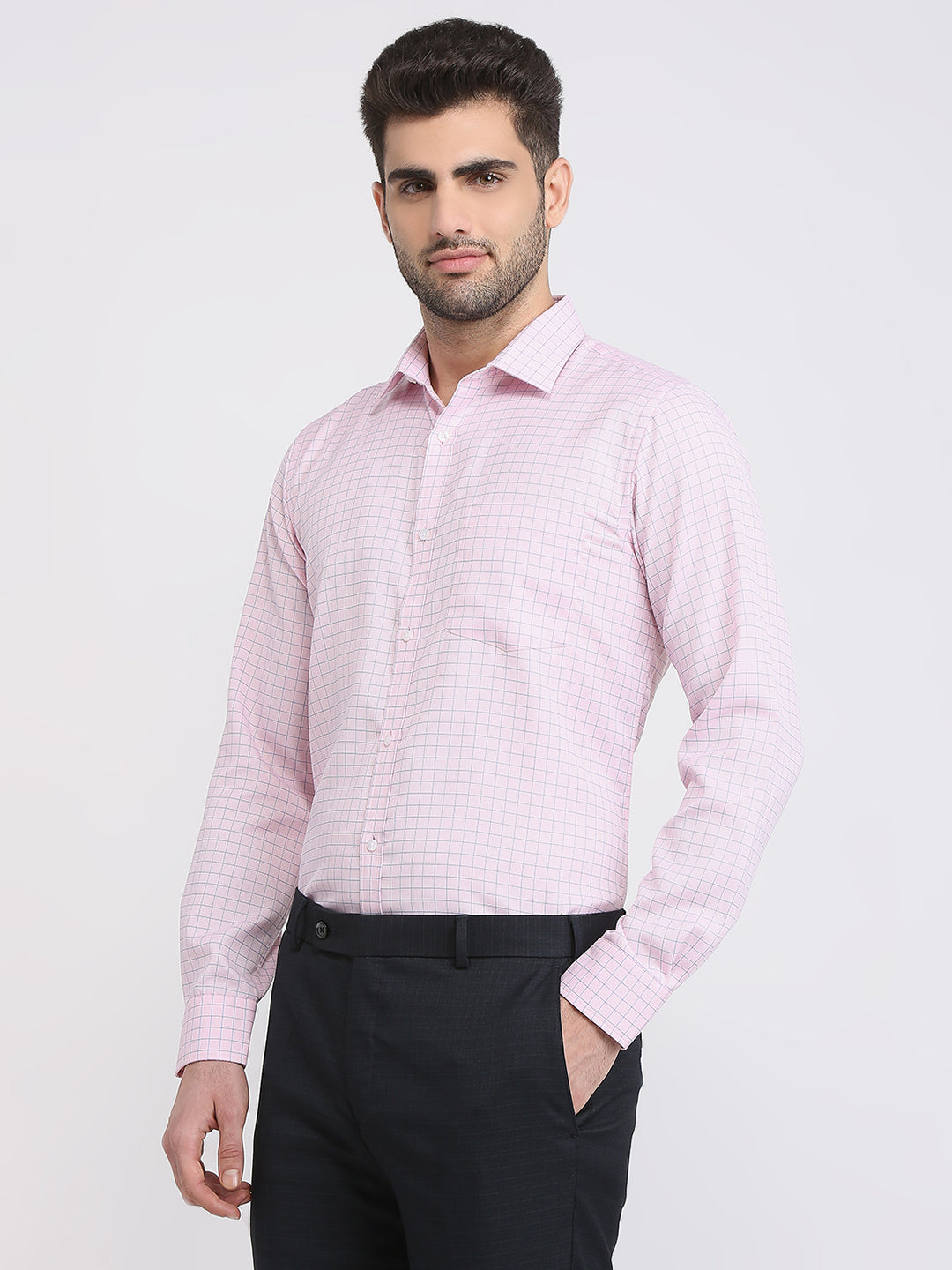 Park Avenue Men Pink Checks Slim Fit Cotton Blend Formal Shirt