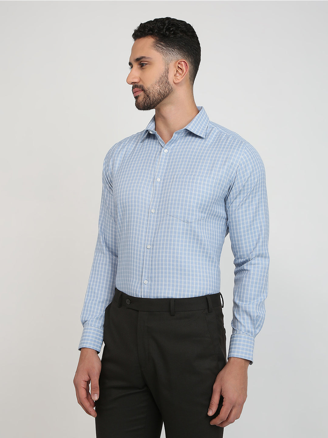 Park Avenue Men Blue Checks Slim Fit Cotton Blend Formal Shirt